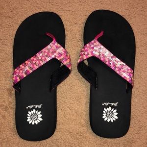 Yellow Box Pink Sequin Flip Flops